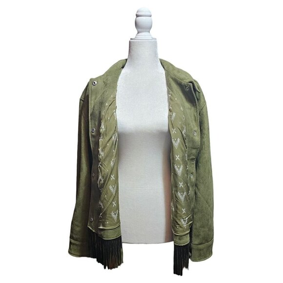 Canyon Retreat olive green faux suede south western fringe tassels jacket size M - Picture 9 of 10